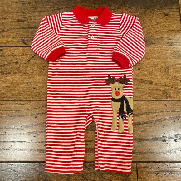3-6M Velvet Stripe Reindeer Applique Outfit - Picture 1 of 2